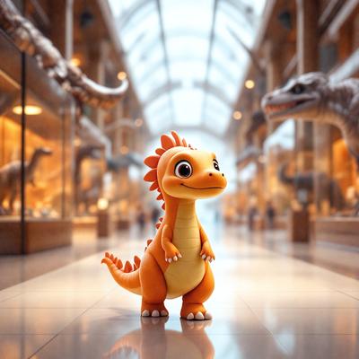 The primary subject of the image is a small, orange, cartoon dinosaur standing in a museum. The setting is a museum with a large display of dinosaur skeletons in the background. The visual style is a digital art or illustration, giving the image a vibrant and lively appearance. The colors and mood are predominantly orange and cheerful, creating a fun and engaging atmosphere.